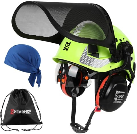 HEARMOR VOLTEK skogsbruk säkerhetshjälm set, ABS hård hatt med integrerat säkerhetsvisir, hela huvudet, öga, ansikte och hörselskydd, stötsäker komfort ventilerad design