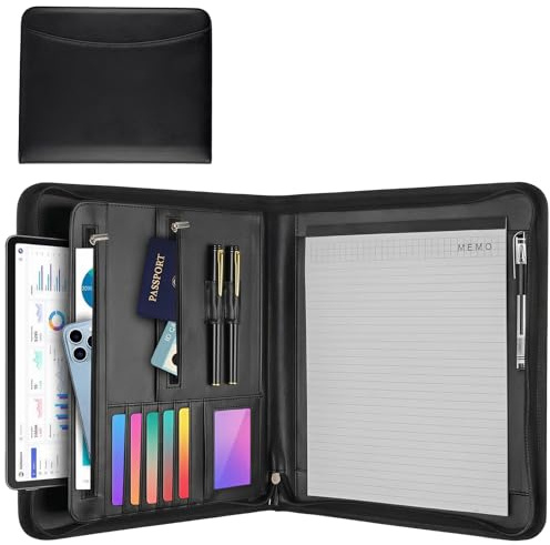 Carpeta de cartera, carpeta de conferencias A4 con bloc de notas y bolígrafo, portafolios de cuero con cremallera con bolsillos para tabletas, blocs de notas, archivos, portafolios de negocios de