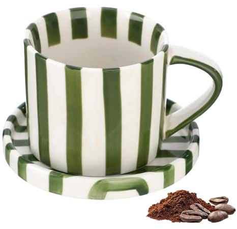 Radiella Keramik Tasse mit Untersetzer, gestreifte handbemalte Tassen Porzellan, 240ml Kaffeetasse Espresso Cup Set, Tee Tasse für Frühstück, Keramische Kaffeetasse für Büro