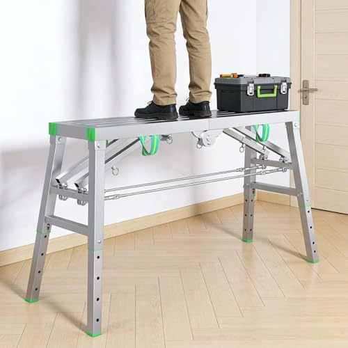 Impalcatura Ponteggio Pieghevole Portatile Da 120-200 Cm, Banco Da Lavoro, Scala A Pioli, Altezza Regolabile, Carico Massimo 400 Kg, Per Pulizia Soffitti, Pittura, Lavaggio Auto(120cm)