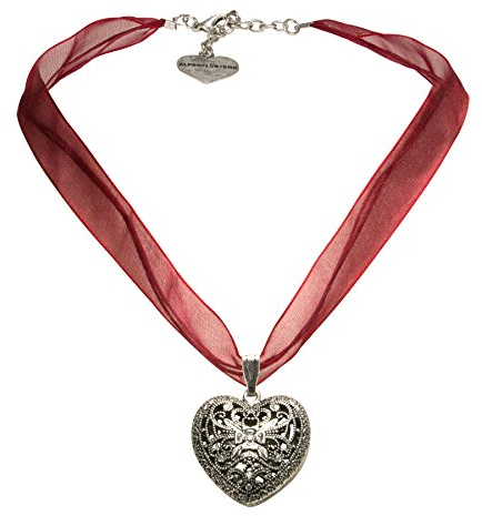 Alpenflüstern Organza-Trachtenkette Trachtenherz - Damen-Trachtenschmuck Dirndlkette dunkel-rot DHK194