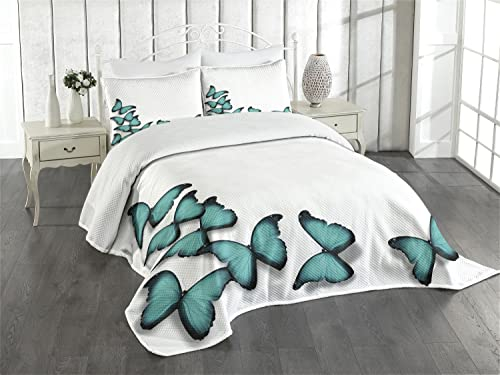 ABAKUHAUS Türkis Tagesdecke Set, Sunny Schmetterlinge Morphs, Set mit Kissenbezug luftdurchlässig, für Einzelbetten 170 x 220 cm,Türkis Schwarz