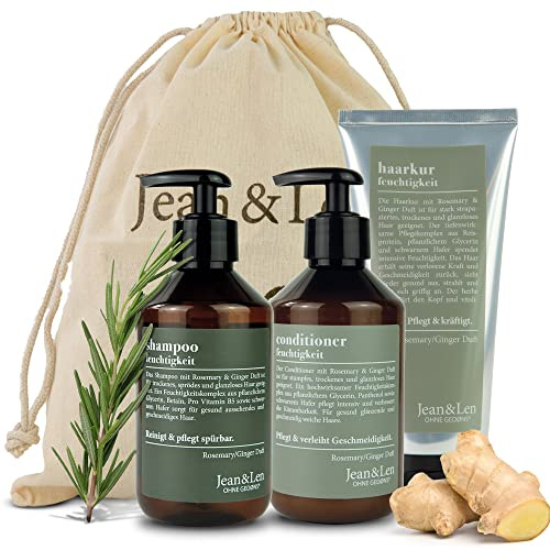 Jean & Len Hårvårdsset, Rosemary & Ginger, För Torrt Och Glanslöst Hår, Fuktschampo, Balsam Och Hårbehandling I Set, Kryddig Doft, Utan Parabener Och Silikoner, 2 X 300 Ml + 1 X 200 Ml