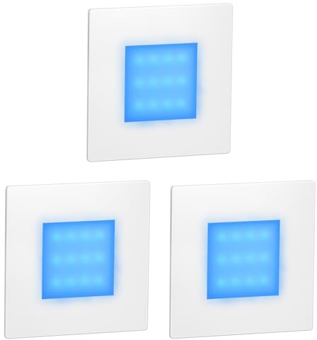 ledscom.de 3 luci LED per scale/faretti da incasso a parete FEX per interni ed esterni, di forma quadrata, bianche, 85 x 85 mm, blu