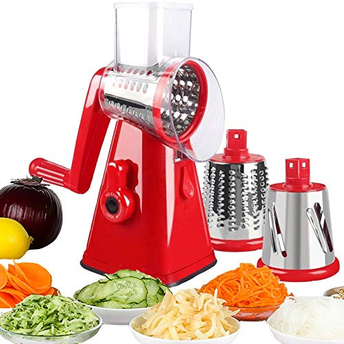 NILICAN Rallador de patatas giratorio manual, mandolina, cortador de verduras, con 3 cuchillas intercambiables, fácil de usar (rojo)