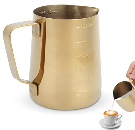 Lattiera in Acciaio Inox con Manico,Oro Brocca di Latte,350 ml Tazza Cappuccino Bollitore Latte,Bricco da Latte Caraffe per Frullini Montalatte Tazza di Latte Art con Visualizzazione della Scala