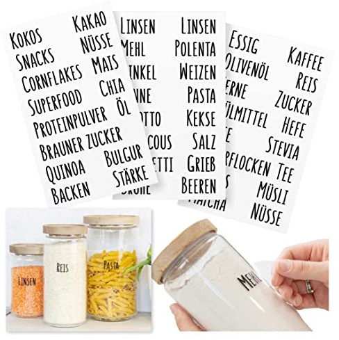 Mokali® Küchenetiketten-Set für Vorratsgläser, hochwertige Klebeschrift schwarz (80 Labels) zum Beschriften von Vorratsgläsern und Behältern in der Küche, spülmaschinengeeignet (Schriftart 1)