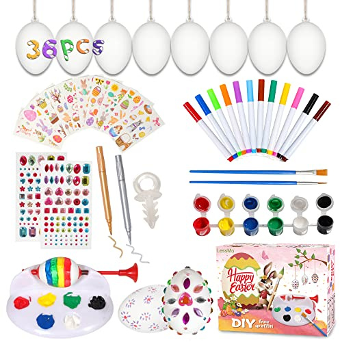 LessMo Easter Egg Decorating Kit, 36Pcs White Plastic Eggs with Dye Kit, Easter Tree Ornaments, Stickers for Kids, Hanging Plastic Eggs with Rope for Easter Decoration, Easter Egg Hunts