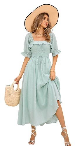 R.Vivimos Damen Polka Dot Slim Half Sleeve Puff Flare Sleeve Square Neck Tie Langes Midikleid