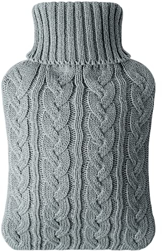 Vicloon Hot Water Bottle with Knitted Cover, 2L Hot Water Bottle for Hot and Cold Compress, Hand & Feet Warmer, Muscle Pain Relief, Hot Water Bag for Great Gift, Safe and Durable (Light Grey)
