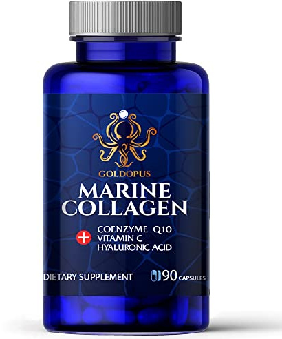 GOLDOPUS Marine Collagen Peptides Capsules with Hyaluronic Acid, Coenzyme Q10, Vitamin C - Preserve Beauty and Youth - Promote Firm Skin, Strong Nails&Hair, Healthy Joints, 90 Capsules, 1 Month Supply