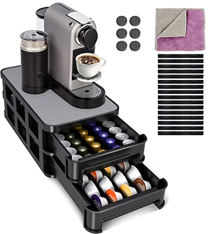 Masthome Coffee Pod Holder, 2 Tier Adjustable Coffee Pod Storage Suitable for All Type Coffee Pod, Non-Slip Coffee Machine Stand with Pod Organizer, with 16 Dividers and Cleaning Cloth