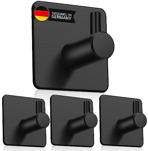 easy line Klebehaken schwarz | 4er Set Handtuchhalter ohne bohren | schwarze Handtuchhaken Bad, Küche & Flur | Wandhaken Kleiderhaken selbstklebend