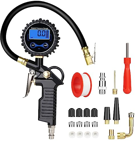URAQT Digitaler Luftdruckprüfer, 220PSI Multifunktional Reifenfüller Digitaler Reifendruckmesser mit 20 Stück Zubehör Reifenfüll Messgerät Reifenfüller Reifendruckprüfer Luftdruckprüfer