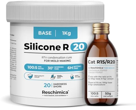 Reschimica Caoutchouc de Silicone R20 (1 kg) pour Moule Souples 20 ShoreA | Bi-Composant, Durcissement Rapide (6h), Caoutchouc de Coulée Blanc Semi-Brillant pour la Reproduction de Modèles et Bijoux