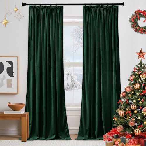 PONY DANCE Dark Green Velvet Blackout Curtains - Christmas Pencil Pleat Curtains Thermal Insulated Luxury Drapes with Rod Pocket for Bedroom Living Room, 52x84 Inches, 2 Panels