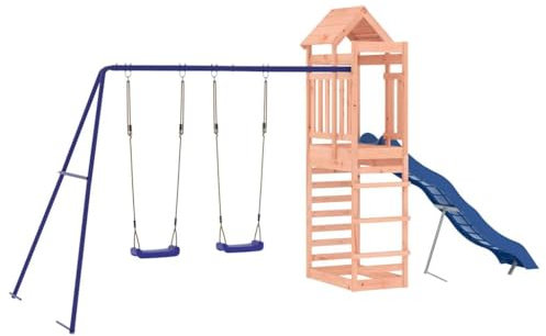 vidaXL Solid Douglas Wood Outdoor Playset – Multifunctional Garden Playground Equipment with Rock Wall, Wave Slide, Double Swing Set & Sandpit, Offers Safety & Durability
