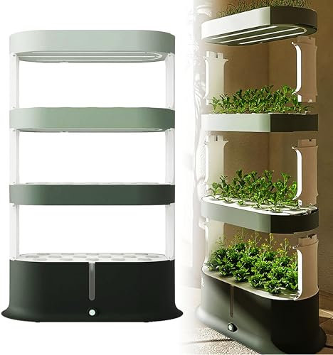 Hydroponic Growing Tower System, 4-Layer Indoor Vertical Garden Kit, for Larger Capacity Plant Herb Vegetable Germination - with Remote Control/LED Grow Light/Smart Water Cycle
