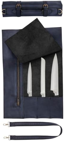 Full Grain Handmade Waxed Blue Leather Knife Storage Roll, Tool Holder, Leather knife Roll Bag,Handcrafted Chef Birthday Gift, Chef Case Knife storage Roll(3 Pockets)