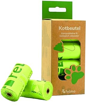 felmo Nachhaltige Kotbeutel für Hunde (8 Rollen), kompostierbar | Biologisch abbaubar aus Maisstärke, besonders reißfest, 100% wasser- und geruchsdicht