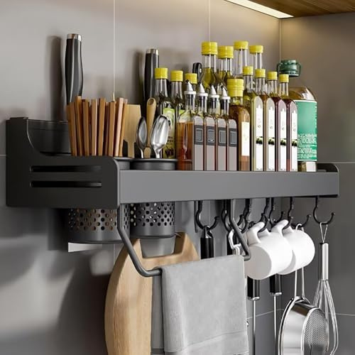 ZOKT Étagère à épices murale noire avec rangement de 60 cm, support pour ustensiles de cuisine