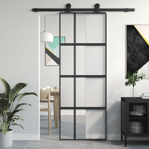 Brokky Porta Scorrevole Nera 76x205 cm in Vetro Temperato e Alluminio,Porta Scorrevole Interna in Vetro Smerigliato per Bagno Cucina Studio Vetro