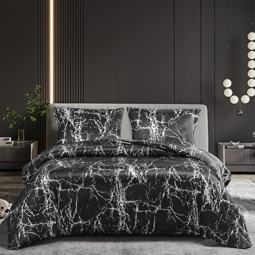 Gezu Biancheria da letto in raso lucido, 200 x 200 cm, in seta liscia, satinata lucida, di lusso, colore nero, bianco, grigio, set di biancheria da letto, effetto marmo, copripiumino reversibile, 200
