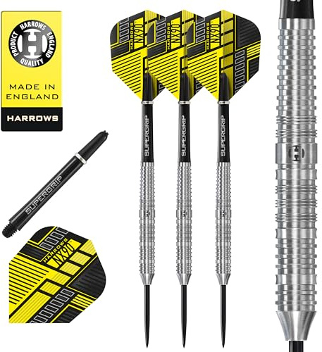Harrows NX90 Parallell form dartset (23 g) I 90 % volframstål spetspilar I 10 st set med svarta supergrepp midi-axlar och NX90-flygningar | professionella dartpilar