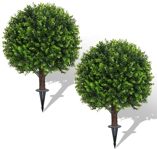 AOKIIE Set of 2 Artificial Green Boxwood Topiary Ball Tree for Outdoor with Ground Spike, 22 UV Resistant Faux Greenery Shrubs, Fake Plants for Garden Yard Porch Patio(Green)