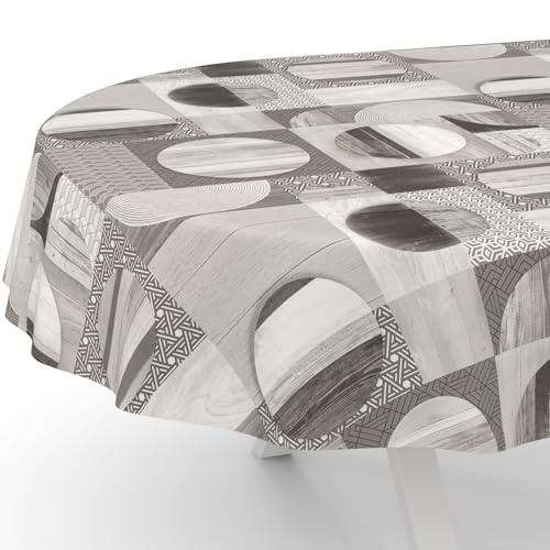 ANRO Wachstuchtischdecke Wachstischdecke Wachstuch Tischdecke abwaschbar Gartentischdecke Wasserabweisend Oval 160x140cm Schnittkante Holz Patchwork Grau