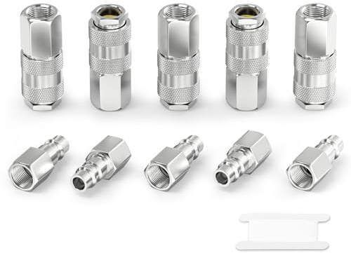 GASHER 10PCS 1/4 BSP Quick Connect Air Coupler Kit | Female Thread Euro Compressor Fittings with Plugs for Air Hose Line Connections