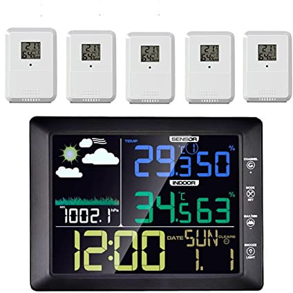 Stazione Meteo Professionale, Stazione meteorologica con 5 sensori Igrometro for interni da esterno Termometro digitale MmHg Barometro Sveglia digitale LCD Previsioni dell'orologio