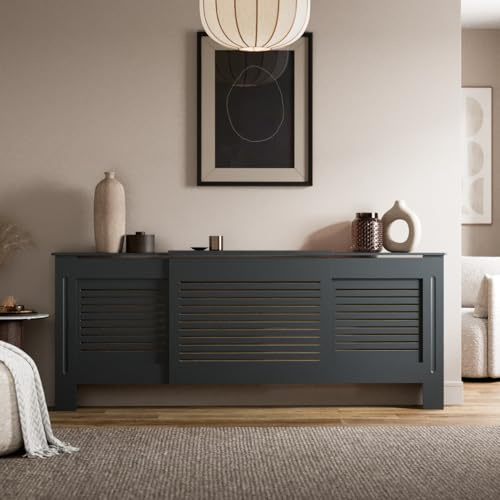 Radiant Living Radiator Cover Horizontal Slat Design, Modern Anthracite Grey MDF Radiator Cabinet for Living Room & Bedroom, Adjustable