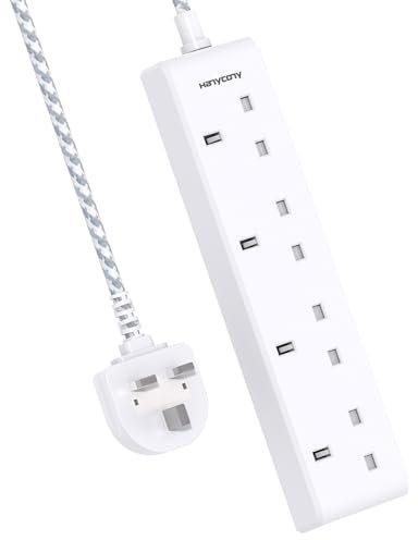 4 Way Extension Lead 1M, HANYCONY Plug Extension Socket with Braided Cable, Compact Multi Plug Power Strip 3250W, Electric Extension Cord for Home, Office, Desk, Travel Accessories, White