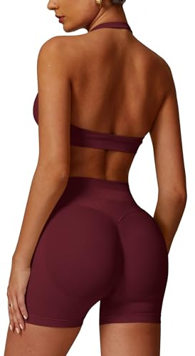 Odizli Damen Neckholder Sport BH + High Waist Shorts Zweiteiler Gym Workout Yoga Fitness Sportkleidung