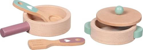 goki 51459 – Kochset Küchenliebe – 5-teiliges Spielküchen-Set aus Holz mit Pfanne, Topf mit Deckel, Kochlöffel und Pfannenwender