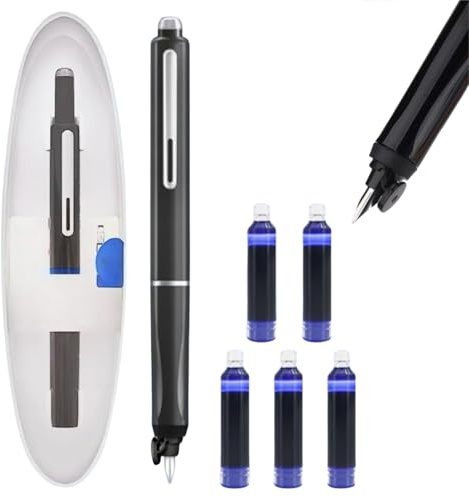 AINxtolm Fountain Pen Retractable 0.38mm Blue Ink,Fountain Pen,Writing Pens,Smooth Writing No Leaking Gift Set,Pressable Medium Nib Founta/in Pe/n,Erasable Pe/ns Blue,with 5 Refillable Ink Cartridges