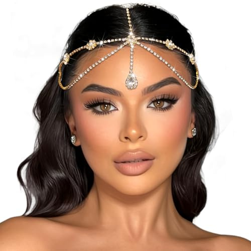 ZUYASEZ Gold Rhinestone Head Chain Crystal Pendant Headbands Layered Headpiece Festival Valentines Prom Costume Hair Accessories for Women