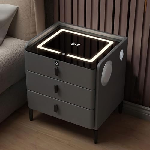 Smart Bedside Table with Wireless Charging, LED Light, Bluetooth Speaker & Fingerprint Lock, Modern 3 Drawer Bedside Table for Bedroom, Stylish Bed Side Table with Storage Drawers (1, Gray)