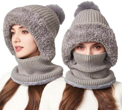 AYPOW Winter Warm Strickmütze Damen, 3 in 1 Multifunktional Beanie Mütze Warm Wintermütze & Halswärmer Sets, Flexible Dickes Fleece Gefüttert, Frauen Sturmhauben Gesichtsmaske für Outdoor-Sportarten