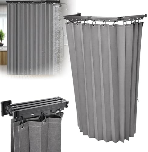 Faltbare Duschvorhangstange Mit Saugnapf Und Duschvorhangs(1.8x1.8M), Wandmontage Eckvorhangstangen L/U Form, Klappbare Duschvorhangstange Für Badezimmer Ohne Bohren, 4-Folds