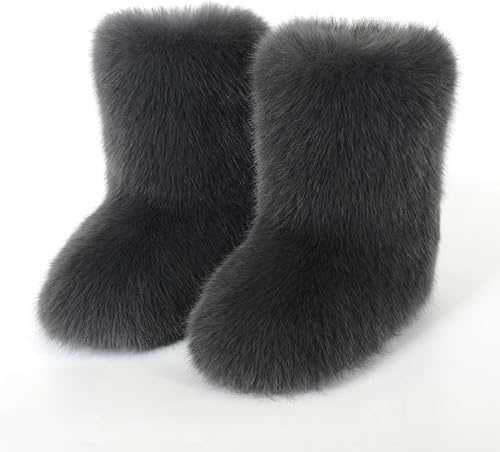 Pälsiga stövlar för kvinnor, fluffiga snöboots, konstpäls färgglada med rund tå, vattentåliga flats med gummisula för tjejer, utomhus, jul, mode, festgåvor gray European-size-39⅓