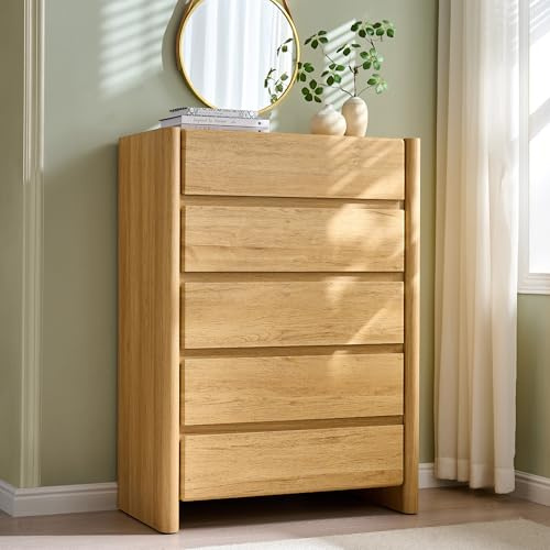 wow97e Modern 5 Drawers Dresser for Bedroom, 43 Tall Dresser & Chests of Drawers w/Rounded Corner, Wood Handleless Dresser w/Large Storage & Natural Texture for Bedroom, Living Room-Natural