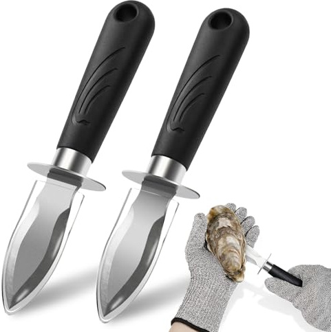 xaziudi Oyster Shucking Knife Set - 2 Stainless Steel Oyster Shucker and Oyster Shucking Knife with PVC Sheath & 2 Cut Resistant Gloves and Oyster Shucking Kit for All Kinds of Shells, Clam, and Crab