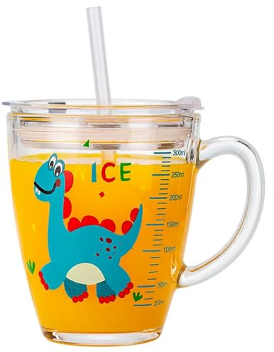 Xdyyjrasa Vaso para sorber de vidrio templado sin plomo con pajita y tapa de 380 ml - Vaso de leche para niños pequeños Mango de fácil agarre a prueba de fugas para niños adultos (Transparente)