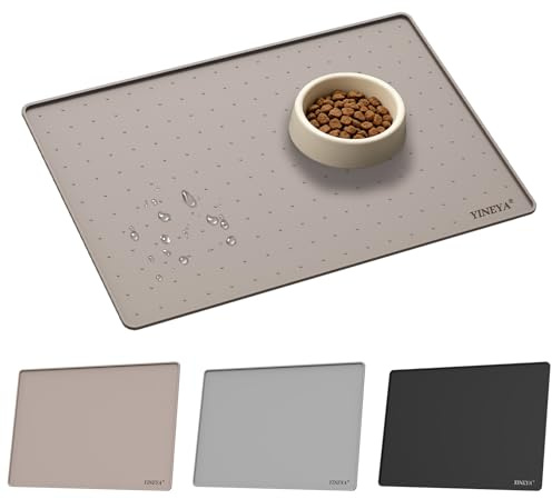 YINEYA Napfunterlage Hunde Katzen, Silikonmatte groß mit Überlaufschutz, Wasserdicht rutschfeste Unterlage für Hundenapf & Katzennapf, Robuste Silikon Futtermatte mit Rand, 46 X 31 cm, Graubraun
