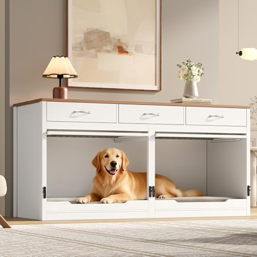 Holz-Metall-Möbel-Hundekäfig, für 2 Hunde, 164x60x81cm, Innen-Hundehütte, Klappdeckel, abnehmbare Trennwand, 3 Schubladen (Weiß + Holzoptik)