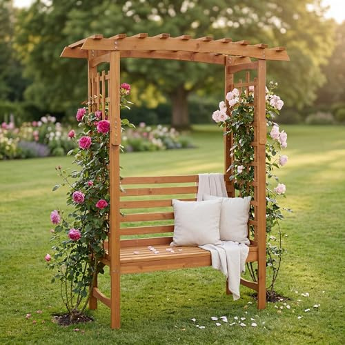 Mendler Rosenbogen mit Sitzbank HWC-Q21 201x160x60cm Holz - Natur | Gartenbogen, Rankhilfe, Bank, Gartenbank, FSC®-Zertifiziert