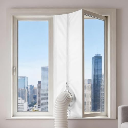 Befun AC Window Seal, 400cm/158Inch Portable Universal Air Con Window Kit, Hot Air Stop Air Exchange Guards with Zip and Adhesive Fastener for Mobile Air Conditioner Unit and Tumble Dryer