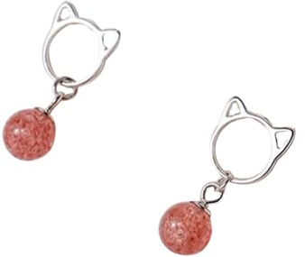 S925 Silver med Natural Jade Rosa Cat Ear Studs Örhängen för Kvinnor Yoga Äkta